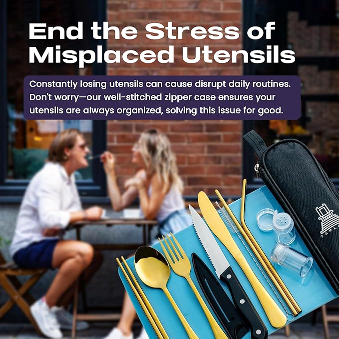 Portable Travel Silverware Set With Case, Includes 10 Pcs of Travel Utensils With Case, Stainless Steel Flatware Set For Camping, Lightweight (Gold)