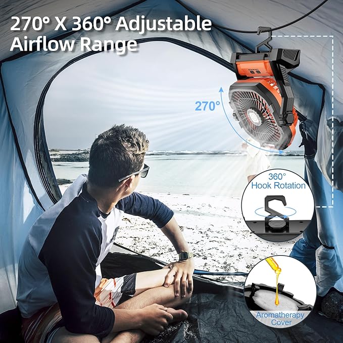 Camping Fan Rechargeable, 20000mAh Battery Powered Portable Fan with LED Light, 4-Speed 180° Adjustable, Camping Essentials for Tent, Travel, Car, Outdoor, Indoor, BBQ, Fishing, Jobsite - Orange