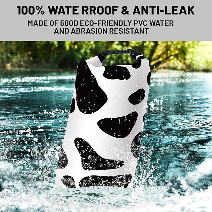 Waterproof Dry Bag,Roll Top Cow Print Black White Small Waterproof Backpack 5L/10L/20L Floating Lightweight Bags for Kayaking, Boating, Fishing, Swimming Camping with Waterproof Phone Case