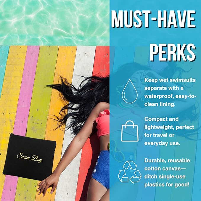 Travel Fanatics Swim Bag - Reusable Dry Wet Bag with Waterproof Lining, 11"x9.25" Beach & Pool Pouch, Wet Dry Bag for Gym, Swimwear, Travel Essentials, Durable Canvas Design - Black