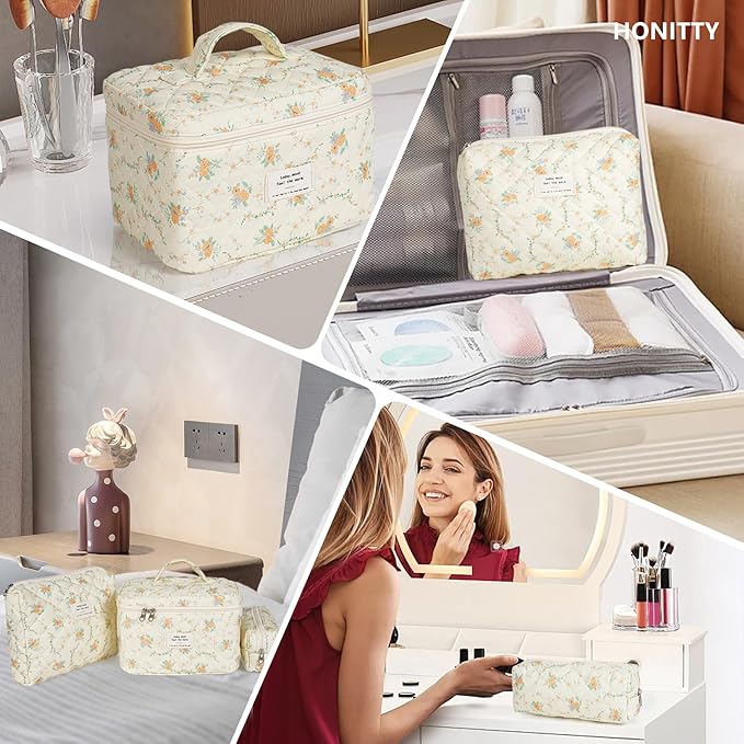 Makeup Bag,Quilted Cosmetic Bags,Large Floral Make Up Organize bag,Makeup Bag Set for Women,Flower Travel Toiletry Bag