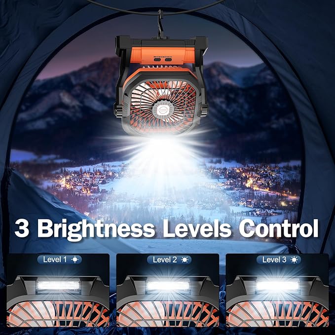 Camping Fan Rechargeable, 20000mAh Battery Powered Portable Fan with LED Light, 4-Speed 180° Adjustable, Camping Essentials for Tent, Travel, Car, Outdoor, Indoor, BBQ, Fishing, Jobsite - Orange
