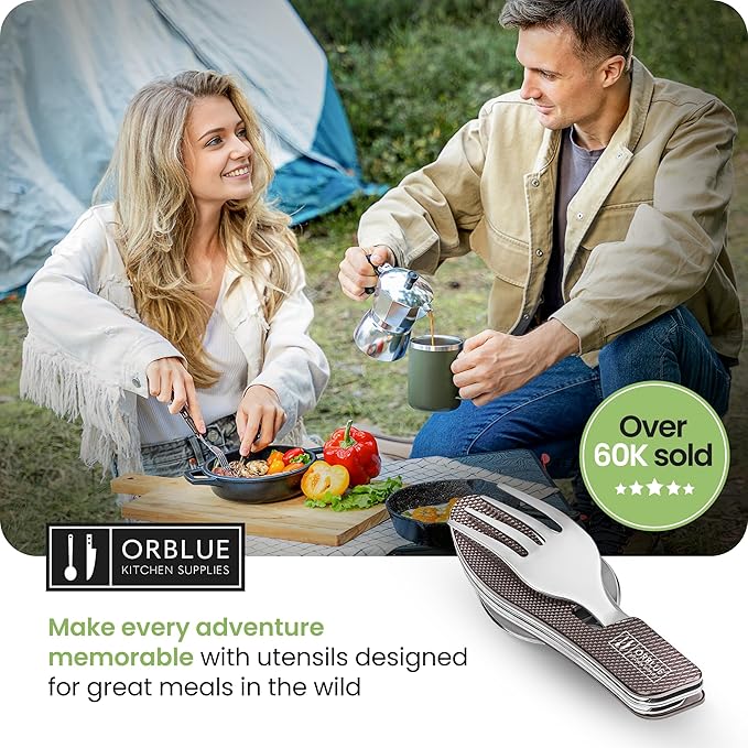 Orblue 4-in-1 Camping Utensils, 2-Pack - Portable Stainless Steel Spoon, Fork, Knife & Bottle Opener Combo Set - Travel, Backpacking Cutlery Multitool, Gray