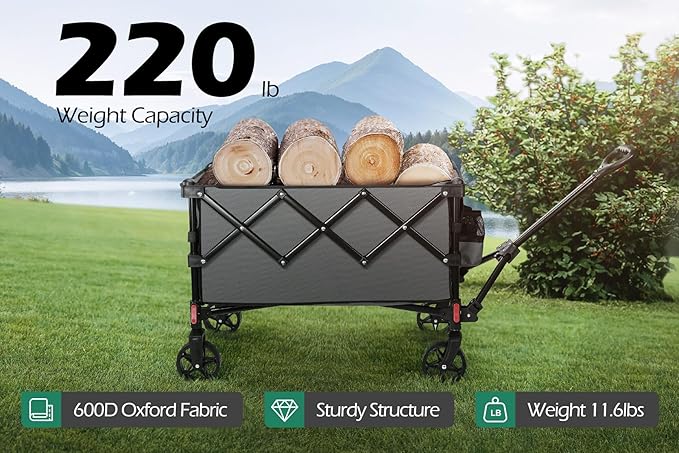 Camping Wagons Carts Foldable, Leonyo 220lbs Beach Collapsible Wagon with Wheels, Heavy Duty Grocery Cart on Wheels for Pet, Shopping, Groceries, Garden, Outdoor Activities, Grey