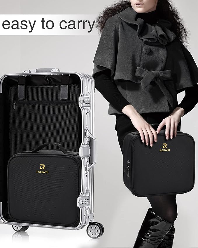 Relavel Makeup Bag, Makeup Organizer Bag Travel Train Case Portable Cosmetic Artist Storage Bag with Adjustable Baffle for Makeup Brush Jewelry (Black)