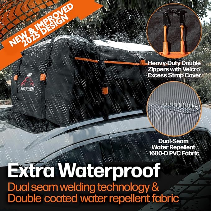 RoofPax Car Rooftop Cargo Carrier Bag Waterproof Storage - Including Double Zippers15 cft. with Heavy-Duty Tie-Down Straps fit Cars with/Without Roof Top Rack or Side Rails.