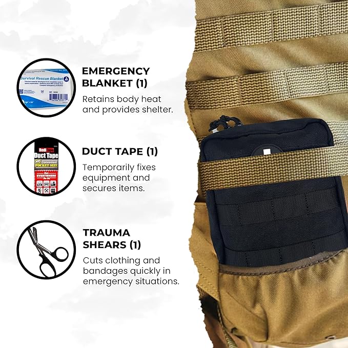 IFAK (Individual First Aid Kit) Trauma Kit with CAT Tourniquet — Medical Pouch for Tactical, Outdoor, Hiking, Military — Backpacking Emergency Medical Kit for Bleeding Control (Black)