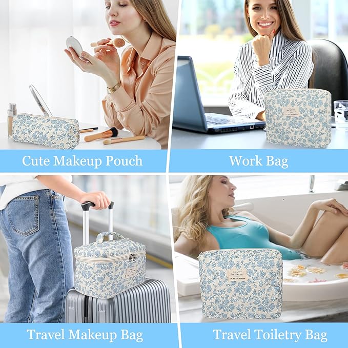 Makeup Bag Set, Quilted Floral Cosmetic Bags for Women, Cute Cotton Makeup Organizer, Travel Toiletry Bag Set (Navy Blue)