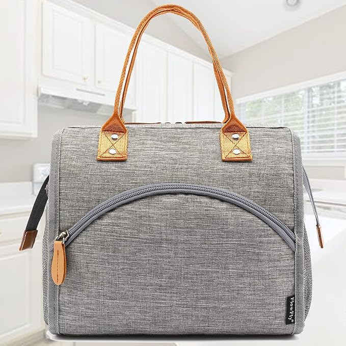 FlowFly Insulated Lunch Bag Wide-Open Lunch Box Large Tote Leakproof Cooler with Drink Holder and Multi Pockets for Women Men Adult Kids Work Picnic Travel Beach Hiking, Grey