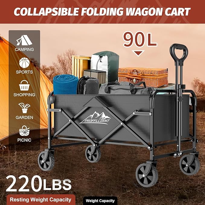 Collapsible Wagon Cart with 5" Removable 360° Swivel Wheels & Handle Adjustable, 220lbs Capacity, Waterproof 600D Oxford Fabric & MDF Base, All-Terrain Portable Utility Cart for Shopping, Garden, Pet