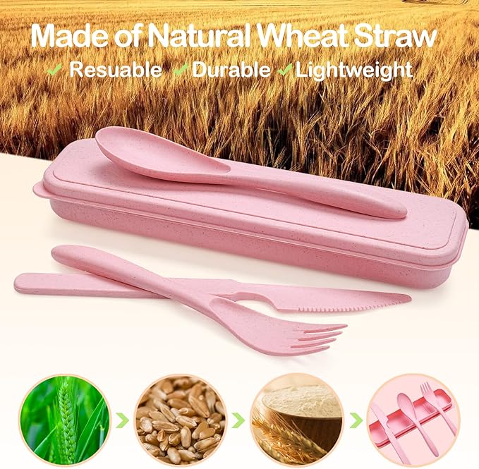Reusable Travel Utensils Set with Case, 2 Sets Wheat Straw Portable Plastic Fork Spoons Knife Camping Cutlery, Eco-Friendly BPA Free Lunch Tableware for Kids Adults Travel Picnic Utensils
