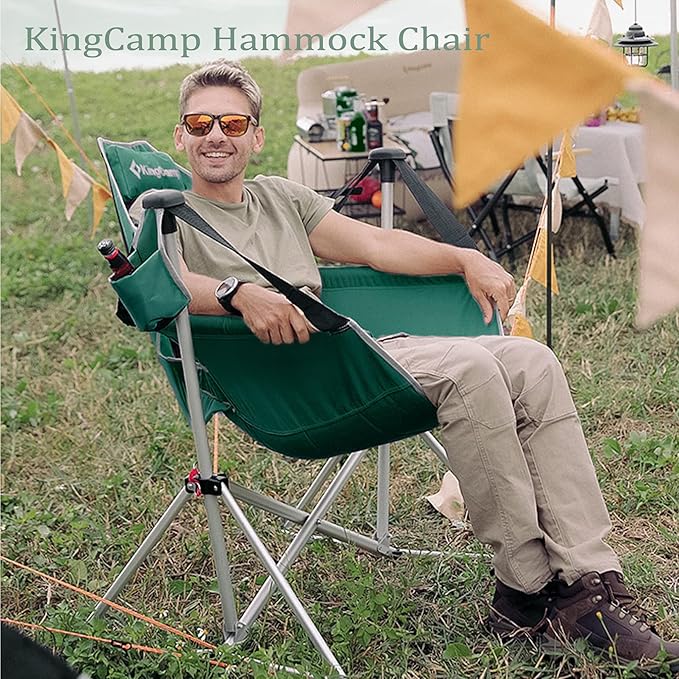 KingCamp Hammock Chair with Footrest, Swinging Portable Folding Camping Chairs for Adults MAX 400lbs Heavy Duty Foldable Oversized Rocker with Cup Holder Pillow for Outdoor Beach Patio Sport Lawn