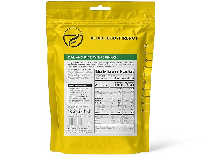 FIREPOT Dal and Rice with Spinach - Healthy Plant Based Dehydrated Camping & Backpacking Meals (2 Servings)