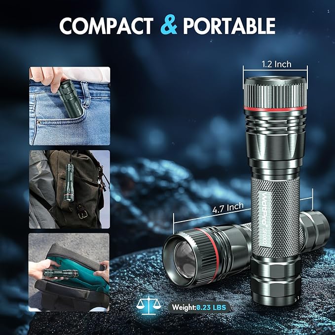 WdtPro Rechargeable Flashlights High Lumens, 2 Pack Super Bright LED Small Tactical EDC Flashlight with 10H Runtime, Portable Flash light for Camping, Home, Emergency Essentials Grey(Battery Included)