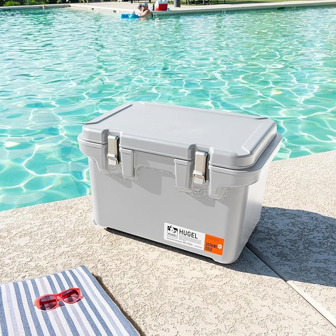 IRIS USA Hugel 44 QT Cooler, Heavy Duty Metal Buckles, Leak-Free Design, Durable Hard Cooler, Ice Chest with Bungee Strap, Molded Handles, Fishing Camping Boat Beach Tailgating Road Trips, Light Gray