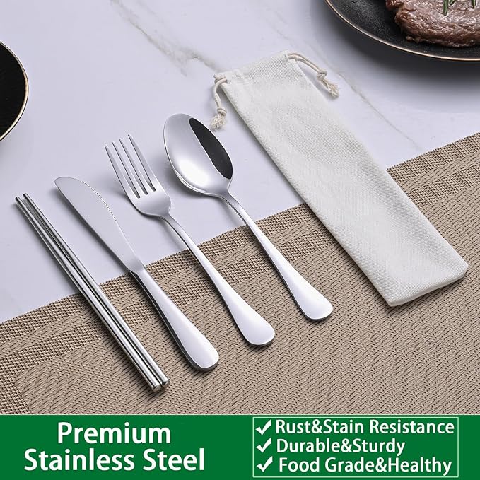 Travel Utentils Set With Pouch,Reusable Portable Camping Silverware Set Knife Spoon Fork Chopsticks For Picnic,Travel Accessories Gadgets,Picnic Essentials