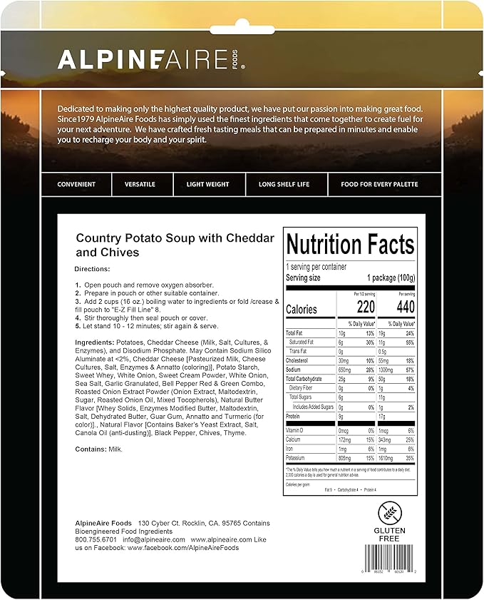 Foods Country Potato Soup with Cheddar And Chives, Freeze-Dried/Dehydrated, Entrée Meal Pouch, Just add Water, Black