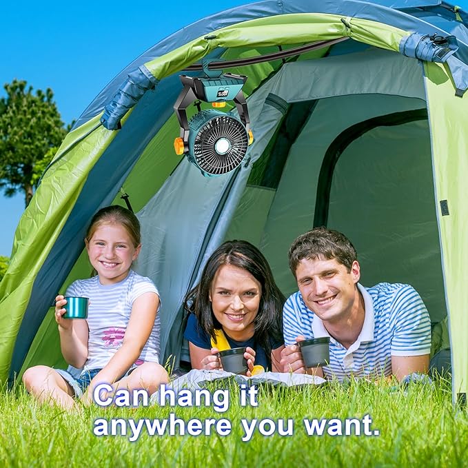 Camping Fan - Rechargeable Portable Battery Powered Camping Fans for Tents with LED Light, Power Display, Timers & 360° Hanging Hook, Ultra Quiet USB Personal Tent Fan for Fishing Travel Home Office