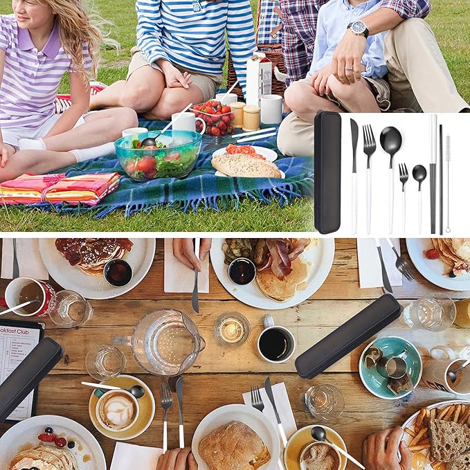 AARainbow 8 Pieces Stainless Steel Flatware Set Portable Reusable Cutlery Set Travel Utensils Set Including Chopsticks Knife Fork Spoon Straws Cleaning Brush Dishwasher Safe (White black)