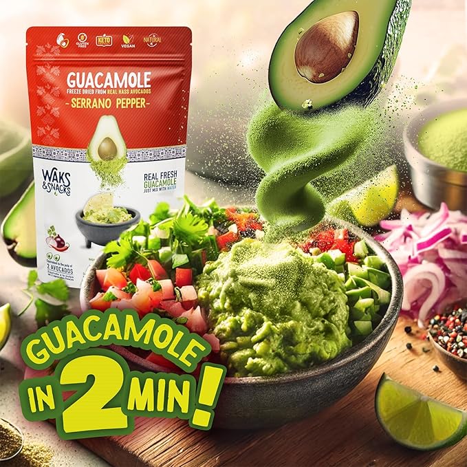 WAKS & SNACKS Freeze Dried Guacamole Serrano Pepper Mix | 100% Fresh Hass Avocados, Perfect for Chips | Energizes Camping & Hiking Meals | Vegan, Gluten-Free Guac Dip | 2 Avocados | 2 oz, 1 Pack