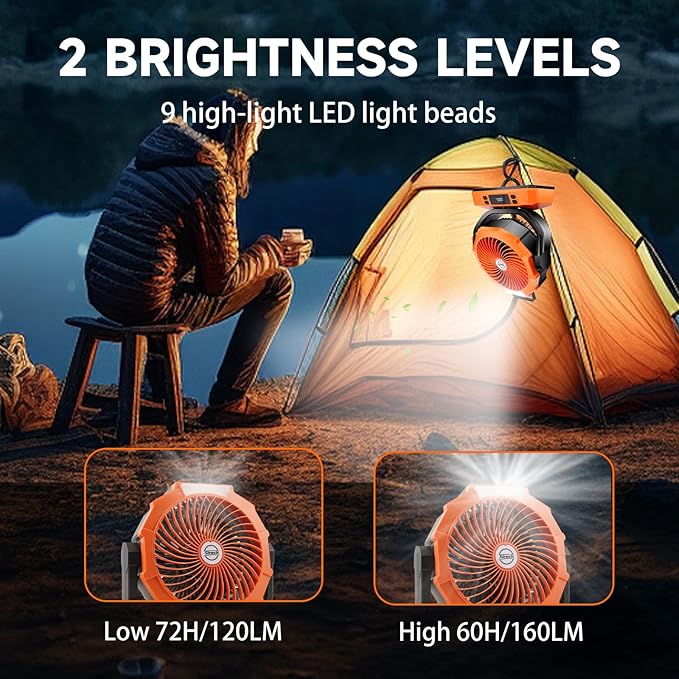 Camping Fan Rechargeable Portable Fan, 40000mAh Battery Powered Fan with LED Light, 6 Wind Speeds Cordless USB Desk Fan for Tent, Travel (Orange)