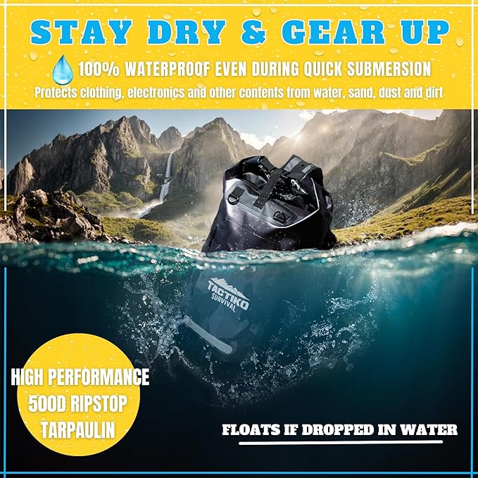 TACTIKO 30L Heavy-Duty 100% Waterproof Backpack, Roll Top Dry Bags for Kayaking, Hiking, Camping, Survival
