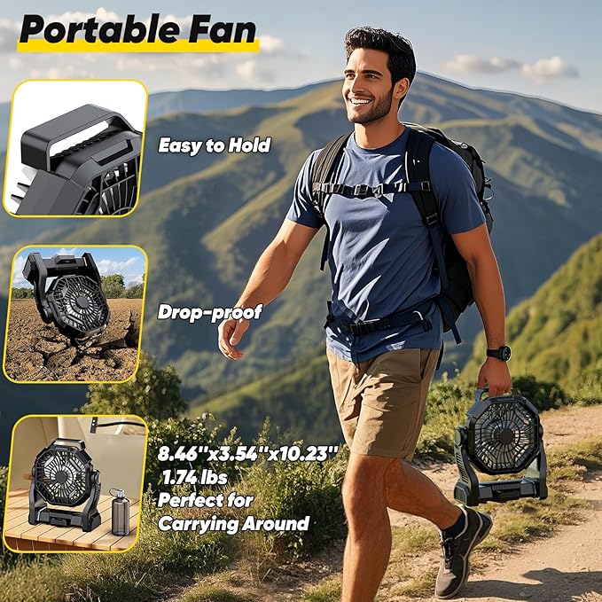 Camping Fan Rechargeable, Real 10000mAh Battery Powered Portable Fan with LED Light and Hook, Battery Operated Fan 10-Inch, USB Outdoor Portable Fans for Travel, Fishing, Picnic, Beach, Black