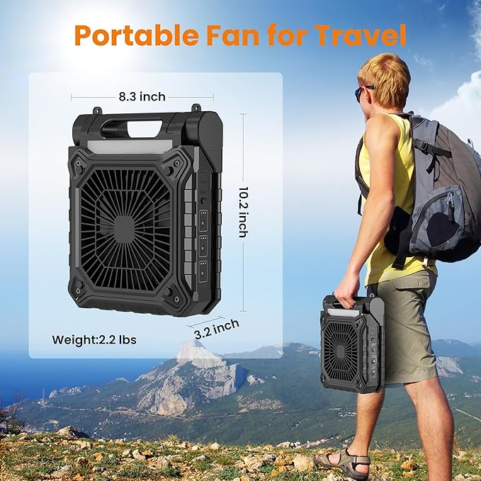 KITWLEMEN 10 Inch Solar Camping Fan with Light- Rechargeable Battery Operated Fan, 19H Run Time, 3 Speed, 6H Timer, SOS Signal, Portable Desk Fan for Camping Fishing RV Trips Hurricane Power Outage