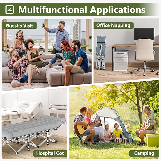 Slendor Camping Cot, Folding Camping Cots for Adults with Mattress, Portable Camping Bed, Sleeping Cot with Pillow & Carry Bag for Office Home Nap, Outdoor, Camping, Travel, Max Load 500lbs