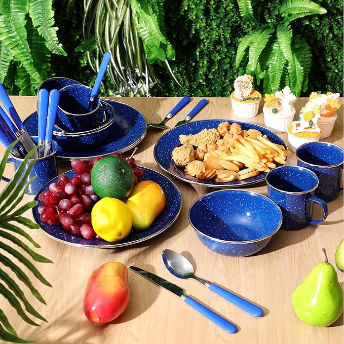 Nuogo 48 Pcs Enamel Camping Tableware Includes 12 oz Coffee Mugs 10.5 Inch Camping Plates 6 Inch Bowls and Utensils Set Includes Knife Fork Spoon for Outdoor RV(Blue)