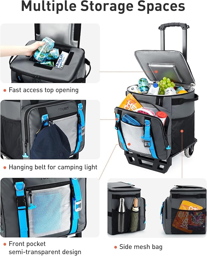 TOURIT 30L/50-Can Cooler with Wheels - 16Hrs Ice Retention Rolling Cooler with Retractable Handle & Oversized All-Terrain Tires, PU-Coated Waterproof Soft Cooler Bag for Camping, Beach Travel, Picnics