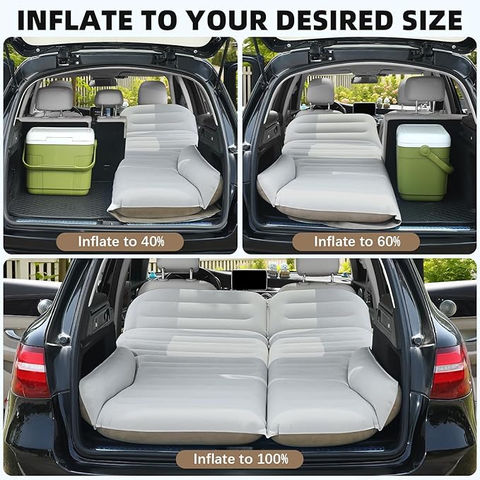 KMZ SUV Air Mattress Double Sided Thickened Flocking Car Bed – Portable Inflatable Mattress Pad for Camping & Travel with 2 Pillows & Electric Pump (Off-White and Coffee)