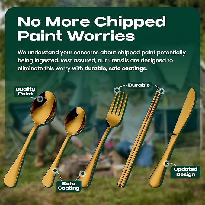 Portable Travel Silverware Set With Case, Includes 5 Pcs of Travel Utensils With Case, Stainless Steel Flatware Set For Camping, Easy to Travel, Lightweight (Gold)