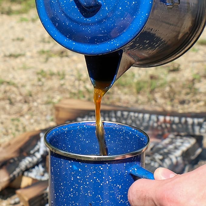 Grip Coffee Percolator (Blue) - Durable Glazed Enamel Steel - Prepare Coffee Over the Fire - Camping, Hiking, Backpacking, Fishing, Hunting - (8 Cups)