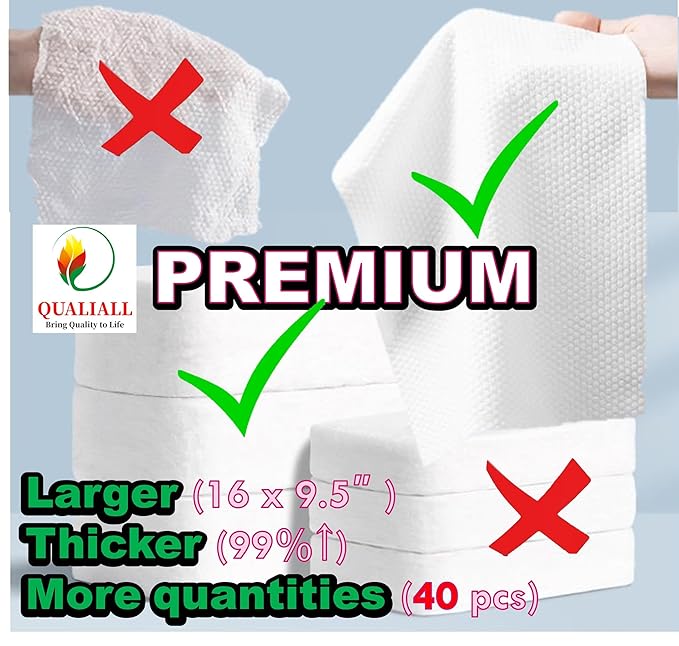 Premium Disposable Washcloths for travel, 40pcs Portable Disposable Pure Cotton Compressed Towels for Face Hand Washing, Thick Large, Reusable Compact, for traveling Camping, Hiking, Backpacking