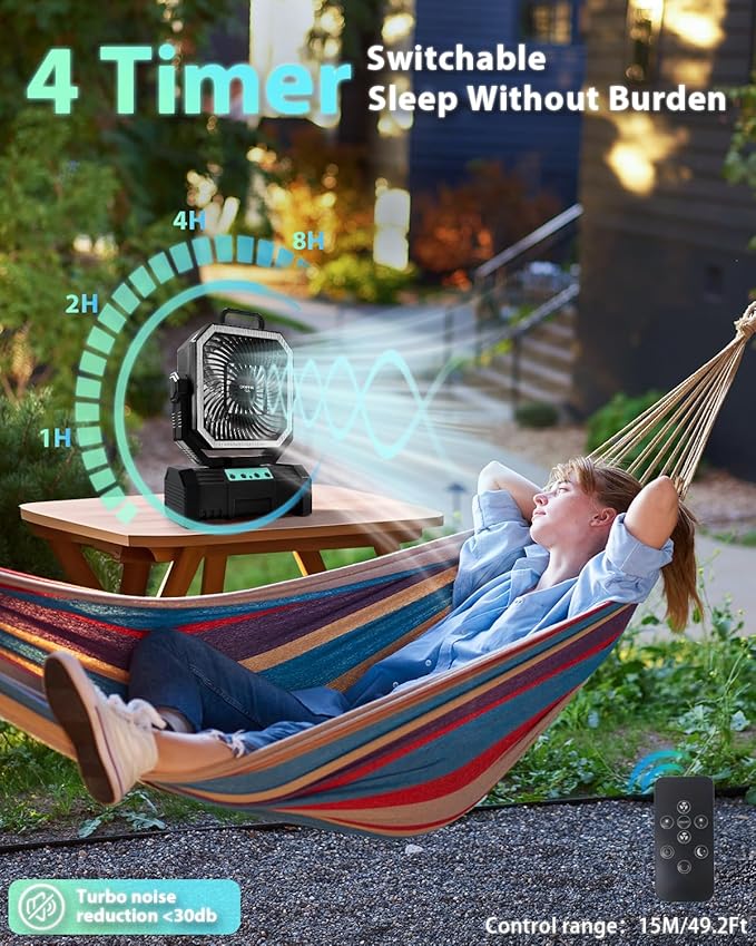 Portable Camping Fan, 20000mAh Rechargeable Battery Operated Oscillating Fan for Tents, 4 Speeds, 360° Rotation Hook, LED Light for Outdoor RV Travel Essentials- Black(No Bluetooth Speaker)