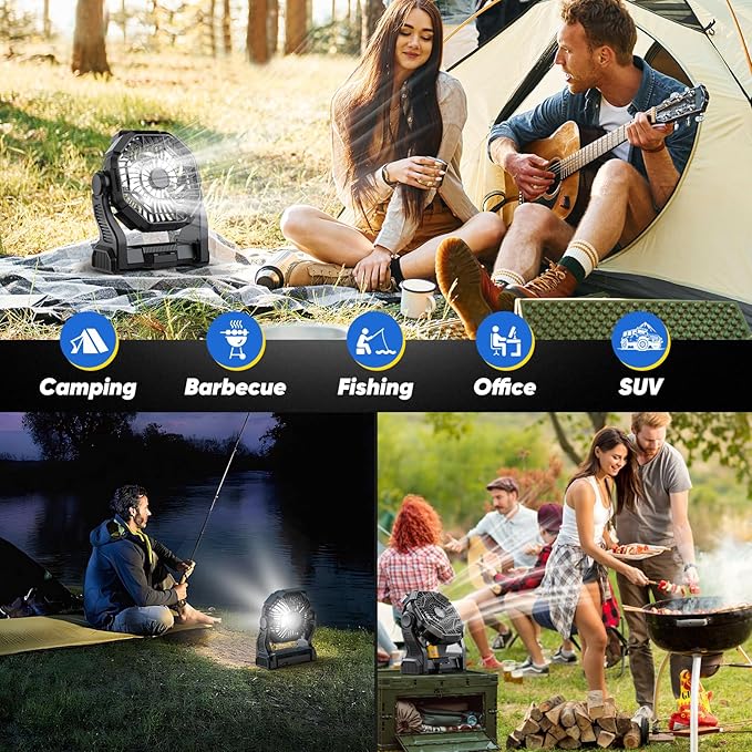 Camping Fan Rechargeable, Real 10000mAh Battery Powered Portable Fan with LED Light and Hook, Battery Operated Fan 10-Inch, USB Outdoor Portable Fans for Travel, Fishing, Picnic, Beach, Black