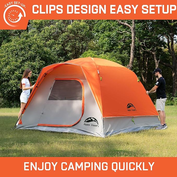 Happy Travel Camping Tent, 6 Person Dome Tents for Camping with Rainfly, Waterproof Clip Easy Setup Portable Family Tent with Mesh Windows, 20% More Headroom Backpacking Tents for Camping & Hiking