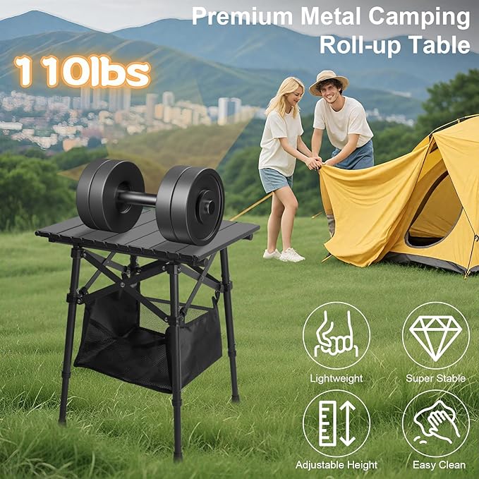 Folding Camping Table - Small Outdoor Table with Storage Bag - Adjustable Height 14.2'' & 18.9'', Portable Lightweight Aluminum Foldable Side Table for Picnic, BBQ, Beach & Tailgating
