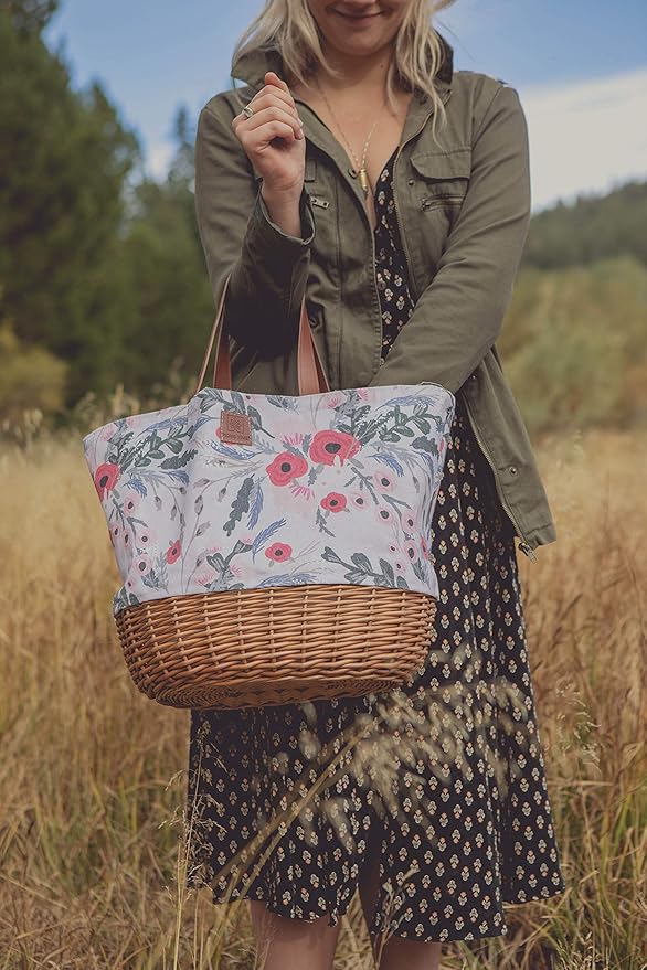 PICNIC TIME Coronado Canvas and Willow Basket Tote, Picnic Tote Bag, Beach Tote