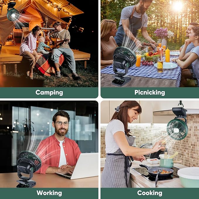 Durapower Clip-on Camping Fan with LED Lantern, Magnetic Base & Hanging Hook – Ideal for Travel, Tent, RV, Picnic, Treadmill, Stroller, Golf Cart & Home