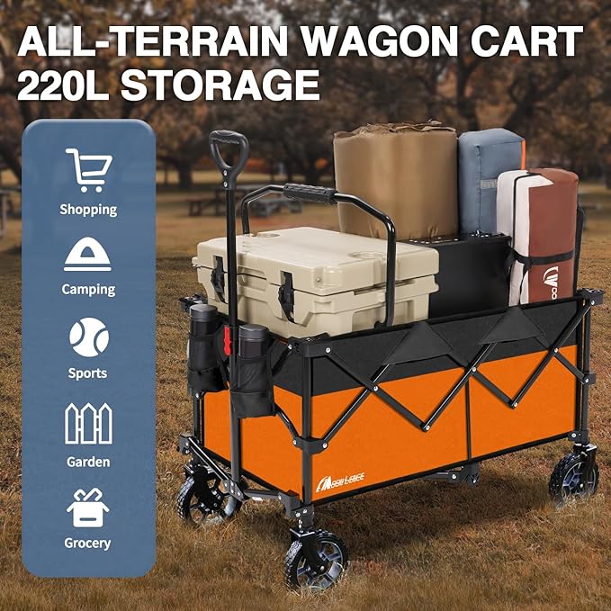 Moon Lence Collapsible Folding Wagon Cart Heavy Duty Folding Garden Portable Hand Cart with All-Terrain Beach Wheels, Adjustable Handle & Drink Holders (Orange & Ivory)
