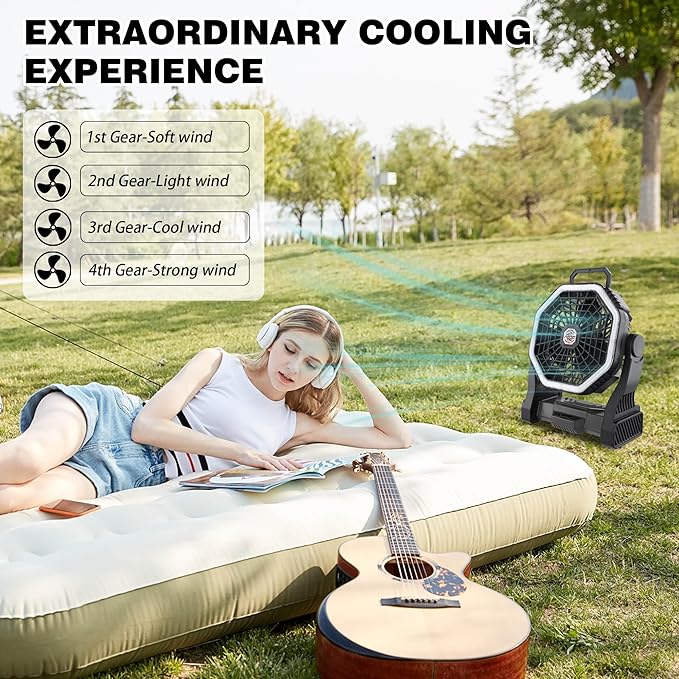 Roykaw Portable Camping Fan with 10400 mAh Rechargeable Battery, 36 Hrs Work, Ultra-bright LED Light & Cordless, Fit for Tent, Fishing, Bedroom, Office, Hurricane
