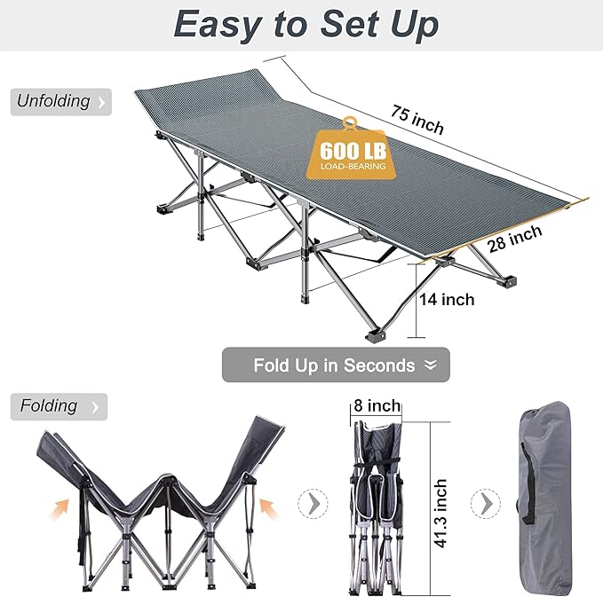 ABORON Folding Camping Cot for Adults, Double Layer 1200D, 500lb Capacity, Heavy Duty Guest Cot with Mat & Carrying Bag for Indoor & Outdoor Use