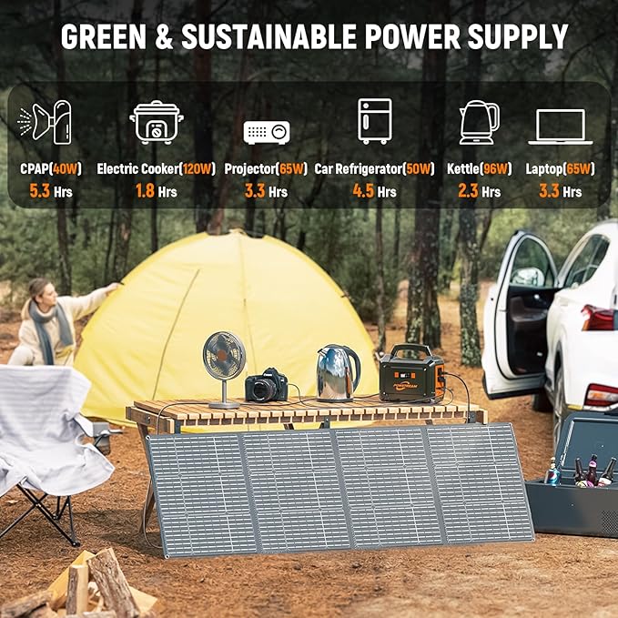 POWSTREAM 300W Solar Powered Generator 296Wh Portable Power Station with Solar Panel Foldable 60W Included, Battery Charger Power Bank with AC Outlet for RV Trip Camping Emergency Home Outage CPAP