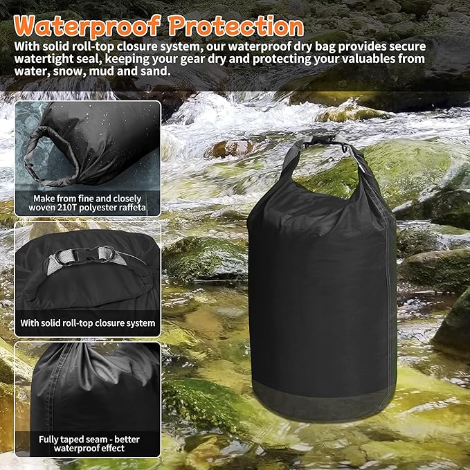 Desoto Waterproof Dry Bag 2 packs, 2L/5L/10L/20L/40L/70L Dry Sack Lightweight Portable, Dry Storage Bag to Keep Gear Dry Clean for Kayaking, Gym, Hiking, Swimming, Camping (Black, 10L)
