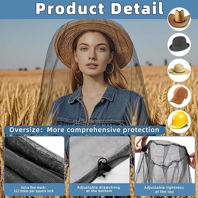 Oversized Mosquito Net 42 x 25 Inches Ultra Large Mosquito Head Net Face Neck Fly Mesh Netting Fits All Hats for Outdoor Camping Hiking Fishing Gardening Safari(Black)