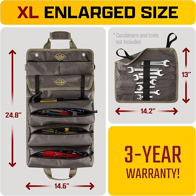 The Ryker PRO Official Roll Up Tool Bag Organizer Gifts for Dad. Motorcycle Tool Bag Organizer for Mechanic & Tools Storage Toolbag Tools Bags Mens gifts for him - w/4 Detachable Pouches & Wrench Roll