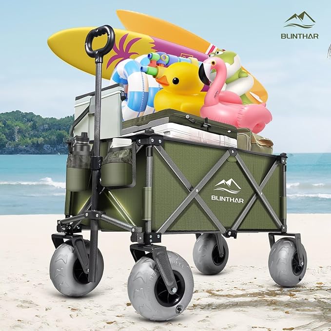 Beach Wagon, Heavy Duty Collapsible Folding Wagon with All-Terrain 9" Pneumatic Tires & Drink Holders, Utility Grocery Wagon for Garden Sports Camping Outdoor Activities Green