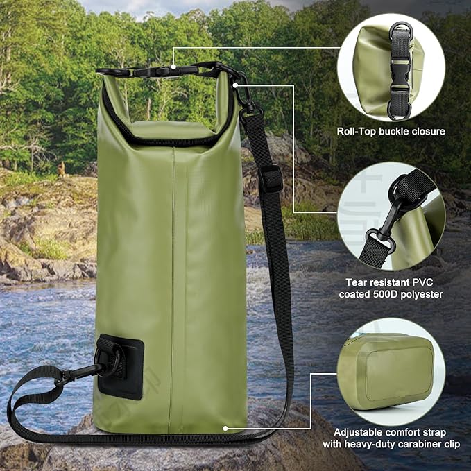 Waterproof Dry Bag, Beach Phone Bag 2L Roll Top Waterproof Backpack w/Phone Case/Pouch, Lightweight Dry Storage for Travel Swimming Boating Kayaking Camping Beach Fishing Rafting (Green)